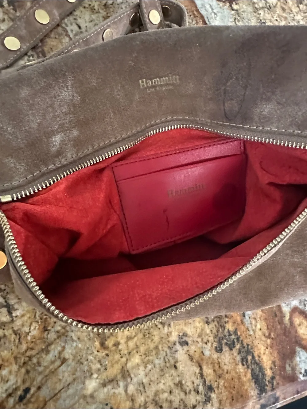 Taupe Suede Shoulder Bag with Gold Stud Accents - Women